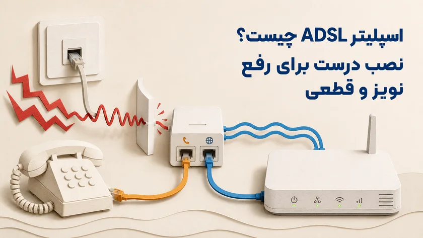 اسپلیتر ADSL با سه درگاه Line، Modem و Phone روی میز