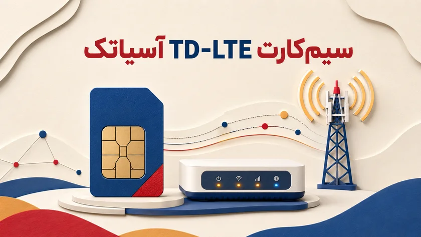سیم‌کارت هوشمند آسیاتک در کنار یک مودم و گوشی موبایل