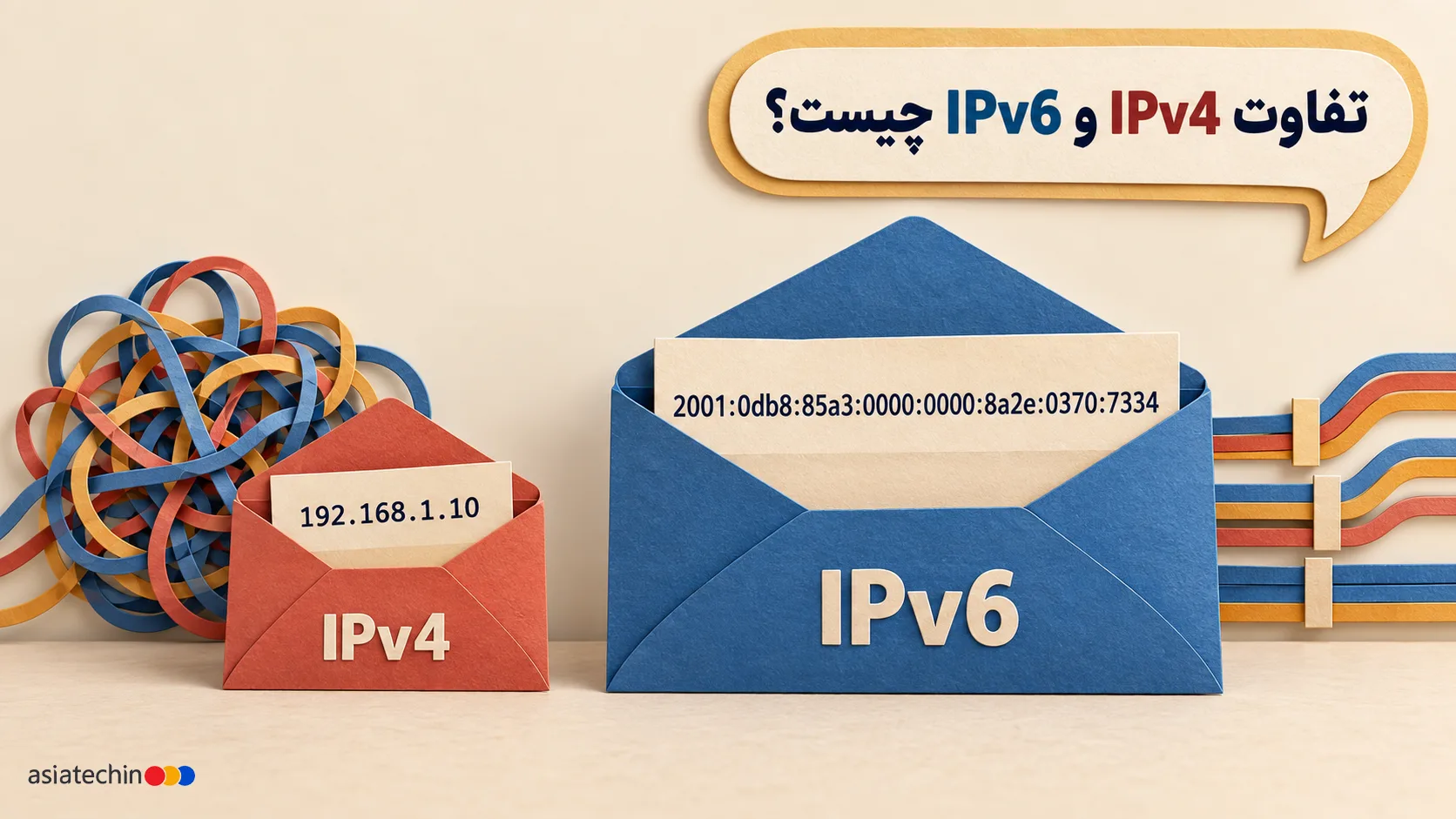 تصویر کاغذی مقایسه IPv4 و IPv6؛ پاکت کوچک IPv4 با کابل‌های درهم در کنار پاکت بزرگ IPv6 با کابل‌های منظم و نشانی طولانی.