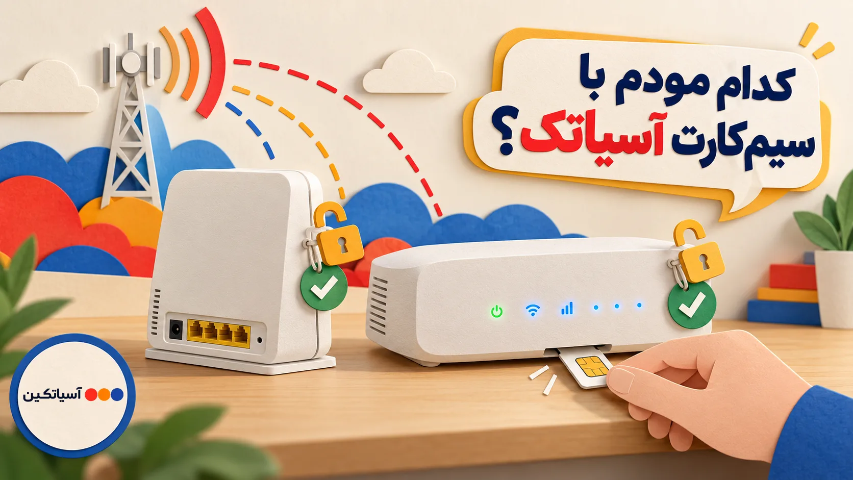 مودم TD-LTE آسیاتک مدل ML361 و مودم E1 لنوتک در کنار سیم‌کارت آسیاتک